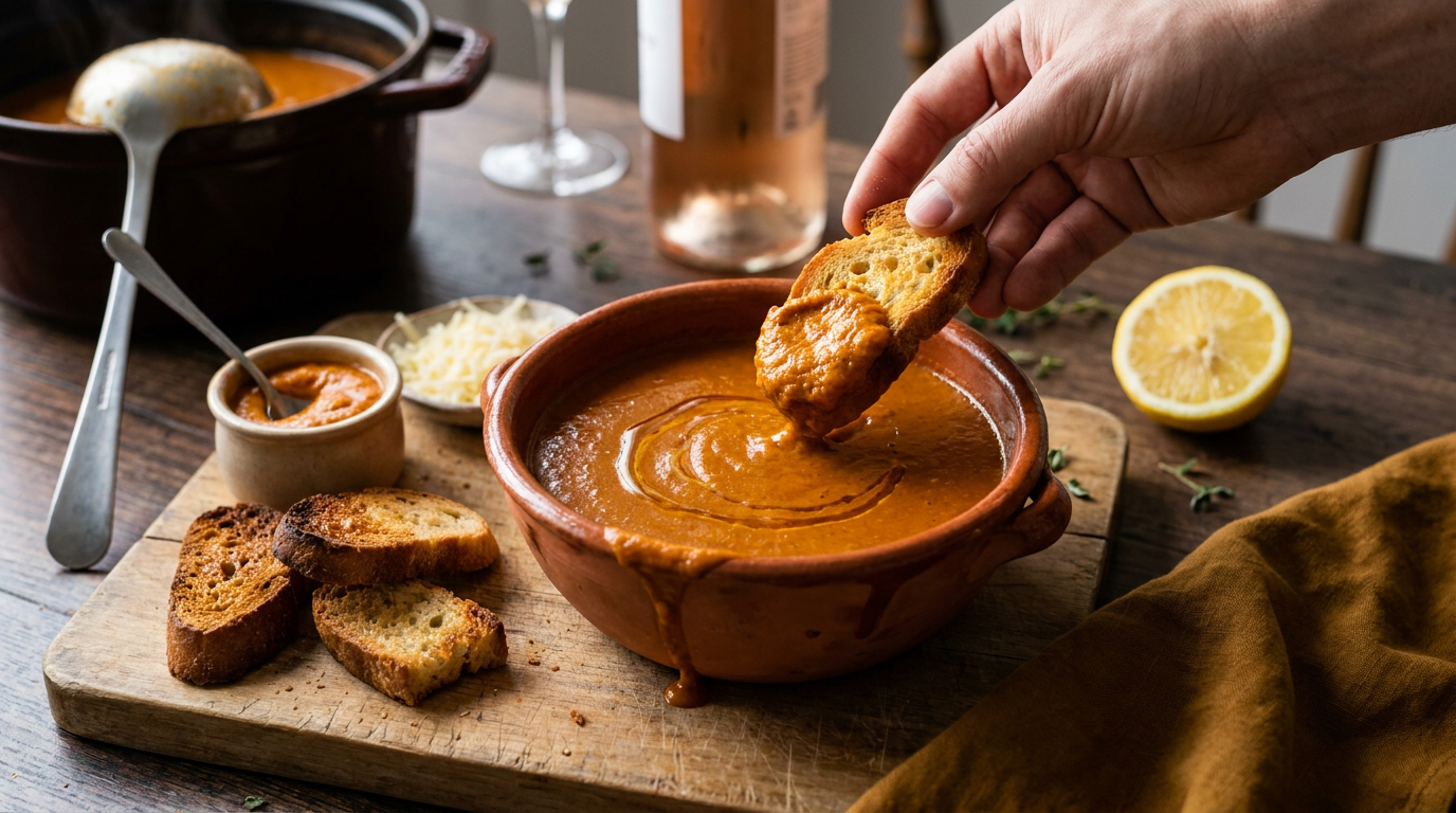 Soupe de poisson orange et veloutée dans un bol en terre, croûtons dorés, rouille et gruyère râpé à côté