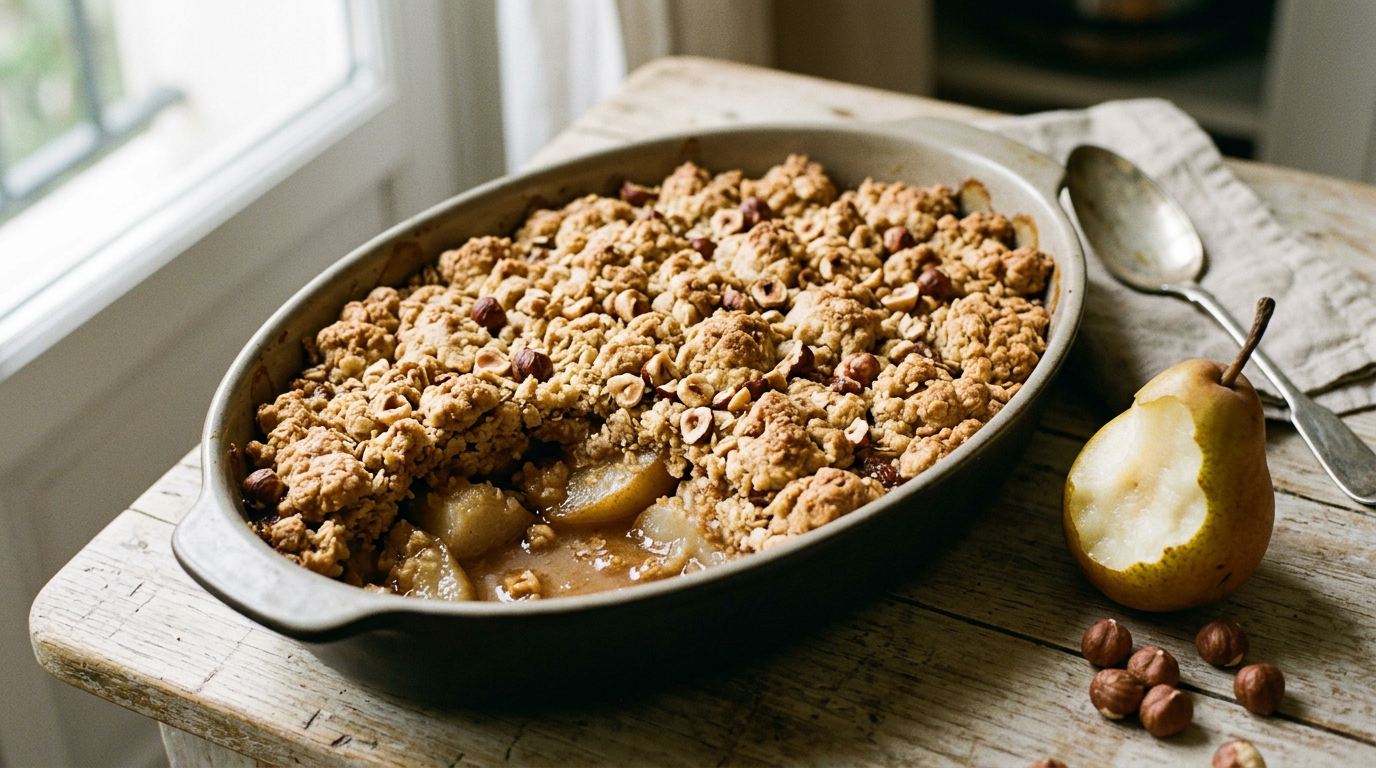 Crumble aux poires dans un plat ovale en grès, pâte en gros grumeaux dorés et noisettes concassées, une portion prélevée montrant les poires fondantes, poire entamée et noisettes