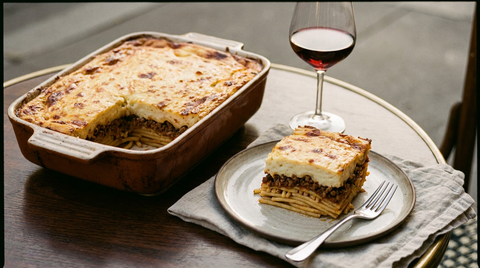 Plat de pastitsio grec, une part coupée montrant les trois couches, pâtes longues, viande hachée à la cannelle et à la tomate, épaisse béchamel gratinée dorée, verre de vin rouge