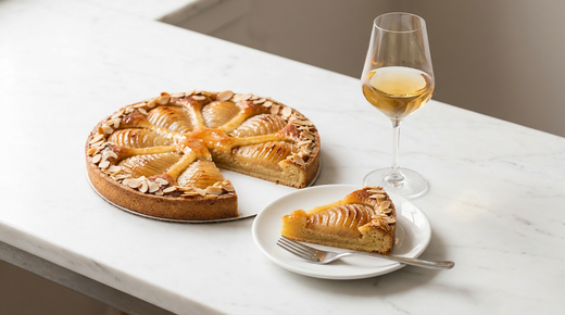 Tarte Bourdaloue aux poires et crème d'amande, part servie, verre de vin doux