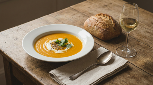 Velouté de carottes au cumin orange vif, crème et coriandre, pain, verre de vin blanc