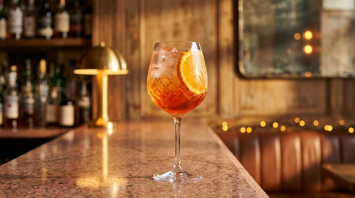 Spritz sans alcool dans un grand verre à vin, tranche d'orange et glaçons, sur un comptoir de bar en granit rose