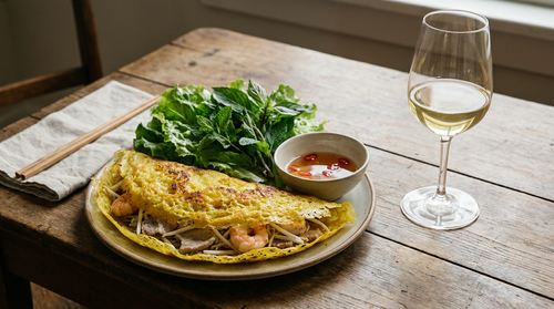 Bánh xèo, la crêpe vietnamienne : une pâte de farine de riz au curcuma très liquide, une poêle brûlante, et l'on écoute le grésillement qui lui donne son nom