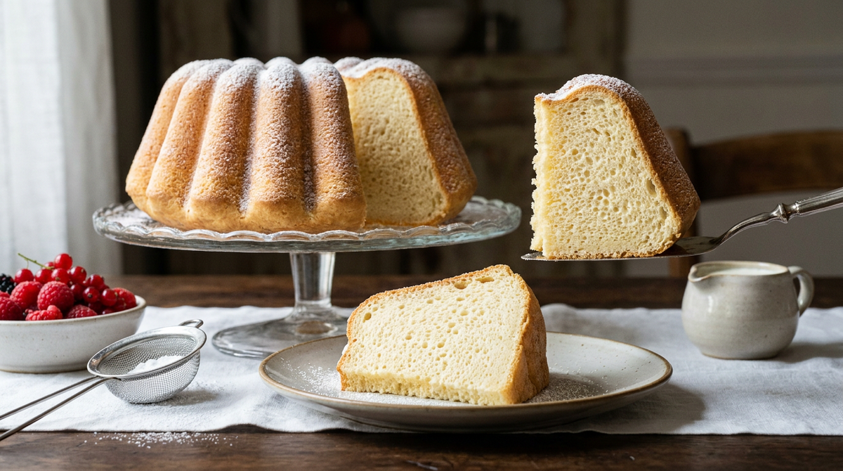 Gâteau de Savoie cannelé, doré pâle et sucre glace, tranche montrant une mie très aérée
