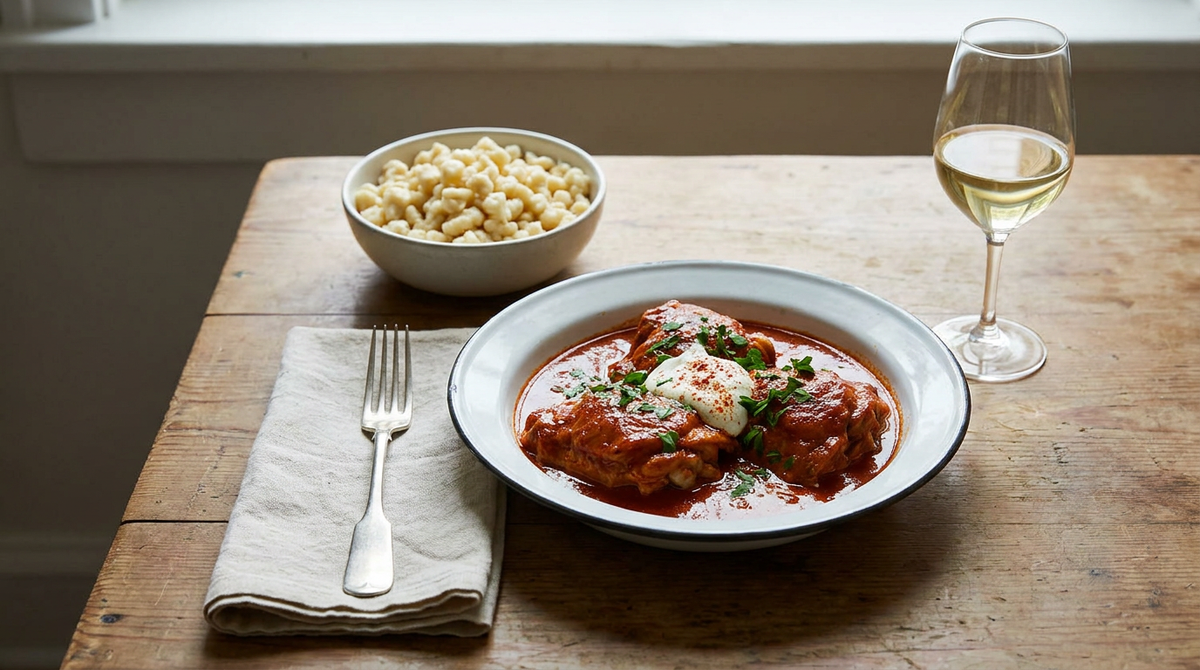 Poulet au paprika hongrois dans un plat creux, sauce rouge brique à la crème aigre, nokedli à côté, persil, verre de vin blanc, table de bois
