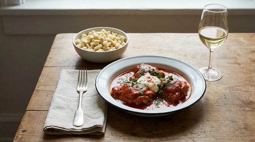Poulet au paprika hongrois, le paprikás csirke : le paprika ajouté hors du feu pour ne pas brûler, la crème aigre liée à la farine pour ne pas trancher, et des nokedli