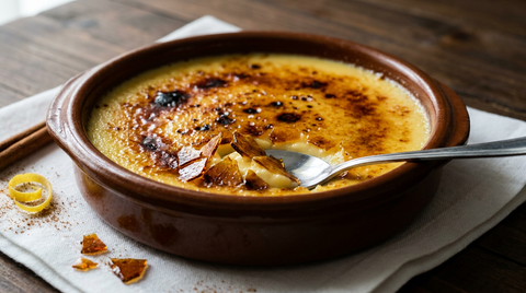 Crema catalana dans une cassola de terre plate, caramel brun irrégulier craqué à la cuillère sur une crème jaune pâle