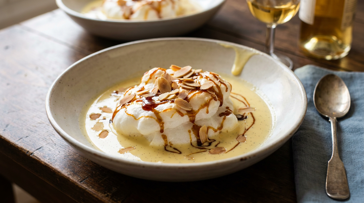 Île flottante : meringue pochée blanche sur une crème anglaise jaune pâle, filets de caramel ambré et amandes effilées