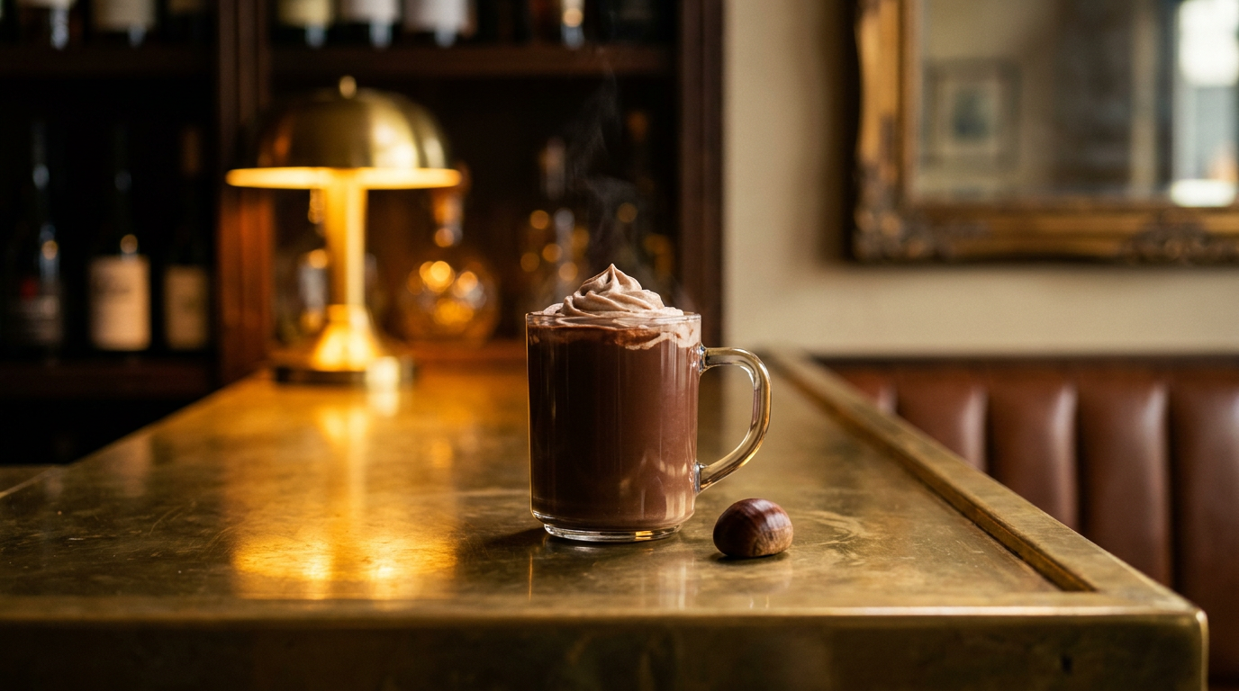 Mug en verre d'un chocolat chaud épais surmonté d'une volute de crème de marrons, châtaigne posée à côté, sur un comptoir de laiton patiné