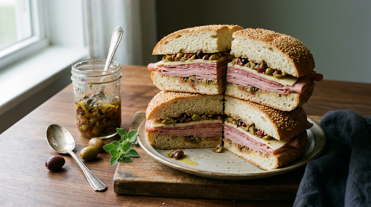Muffuletta de La Nouvelle-Orléans coupée en quatre sur une assiette, pain rond au sésame, couches visibles de mortadelle, salami, capicola et provolone, épaisse couche de salade d'olives, bocal de salade d'olives avec sa cuillère