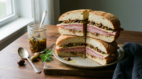 Muffuletta de La Nouvelle-Orléans coupée en quatre sur une assiette, pain rond au sésame, couches visibles de mortadelle, salami, capicola et provolone, épaisse couche de salade d'olives, bocal de salade d'olives avec sa cuillère