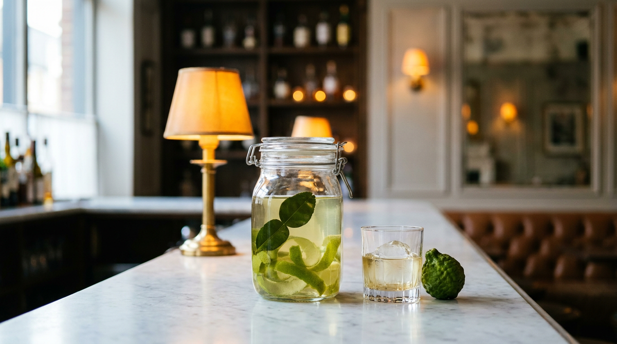 Bocal de rhum arrangé au citron vert et combava, larges zestes verts et feuilles de combava dans le rhum pâle, sur un comptoir de marbre de Carrare, verre bas servi sur glace, bar chic flou