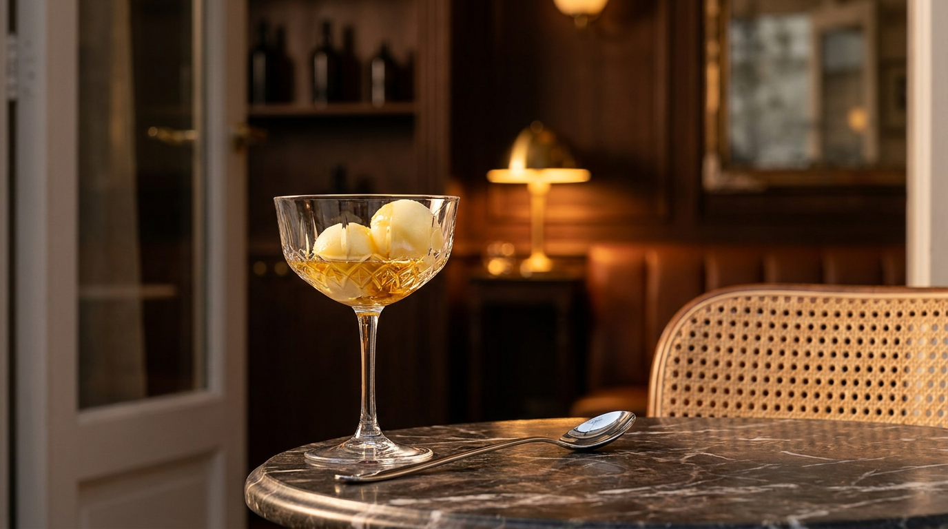 Coupe en cristal de sorbet au citron arrosé d'un vin liquoreux doré, cuiller argentée posée à côté, sur une table de bistrot en marbre au crépuscule