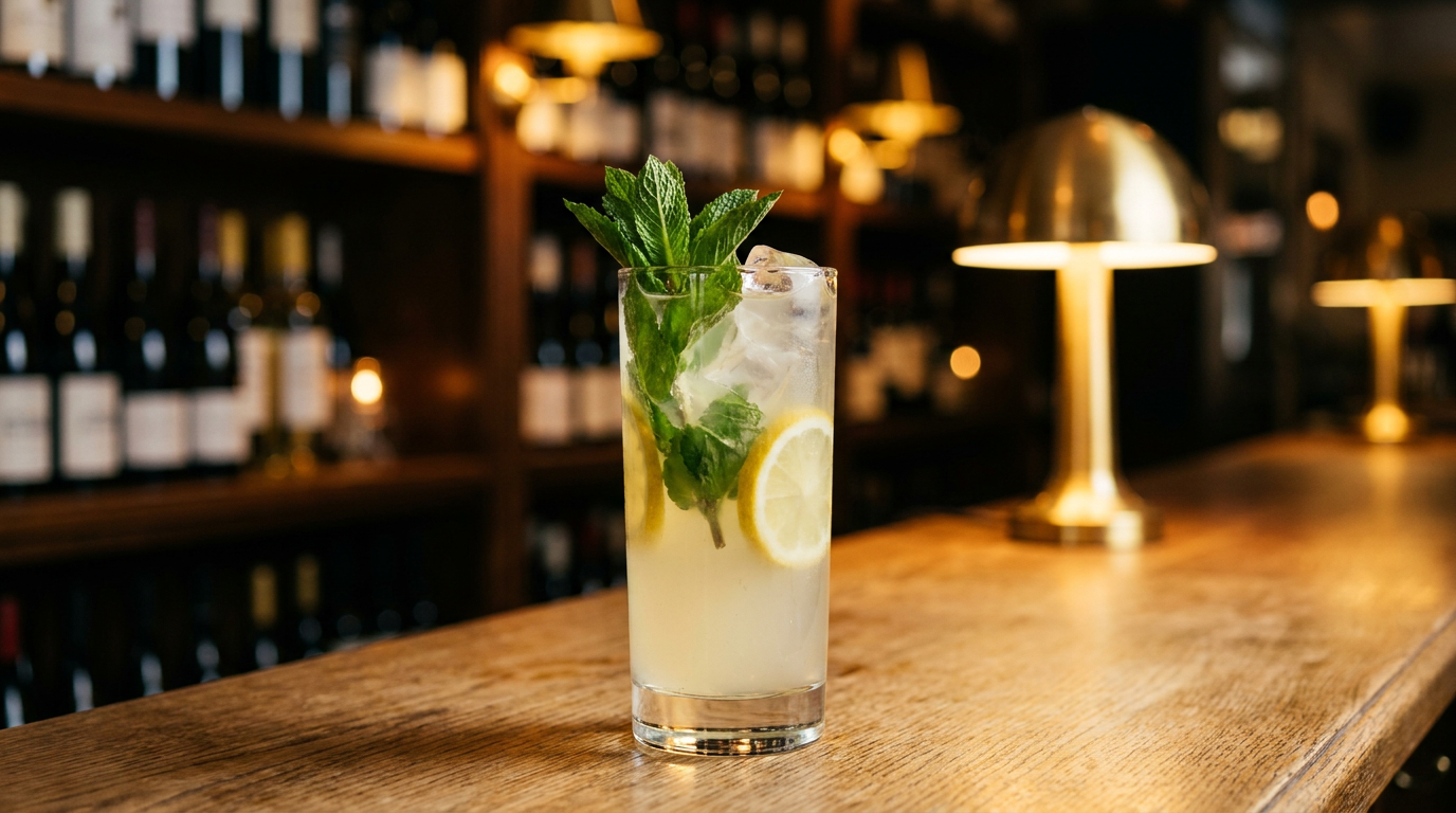 Citronnade à la menthe jaune pâle dans un grand verre sur glace, gros bouquet de menthe fraîche, comptoir de caviste