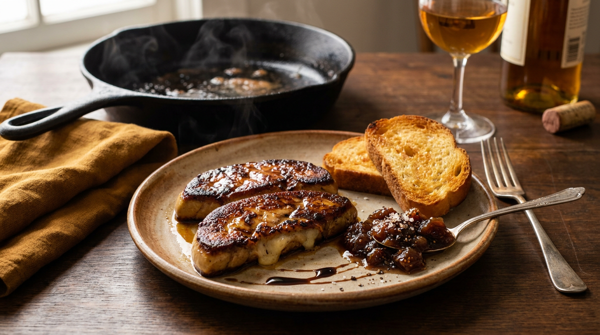 Escalopes de foie gras poêlées à la croûte caramélisée sur une assiette, avec chutney de figues, brioche grillée et verre de vin moelleux