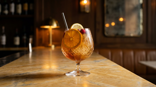 Brandy Cobbler ambré sur dôme de glace pilée dans un grand verre, demi-rondelles d'orange et de citron, paille, comptoir de marbre Giallo Siena