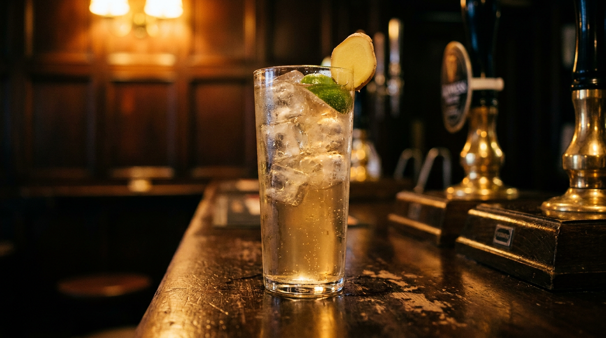 Cocktail ambré clair dans un grand verre plein de glaçons, quartier de citron vert et fine rondelle de gingembre, comptoir de bois ciré sombre, lumière chaude de pub