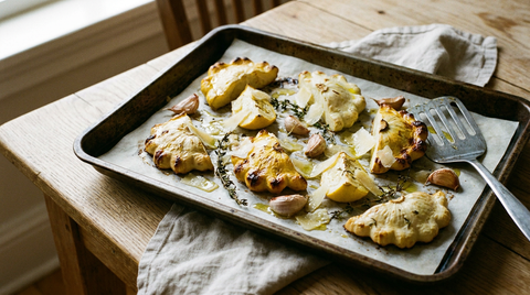Quartiers de pâtisson rôtis sur une plaque, chair crème aux bords festonnés et aux pointes caramélisées, ail en chemise, thym, copeaux de comté fondus, filet d'huile d'olive, table de bois clair, lumière douce