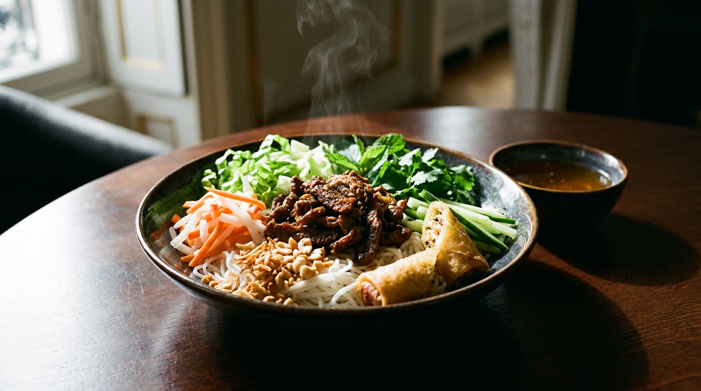 Bo bun dans un bol : lit de vermicelles de riz, bœuf sauté fumant, carotte et daikon marinés, herbes fraîches, cacahuètes, un nem coupé et le nuoc-cham à côté