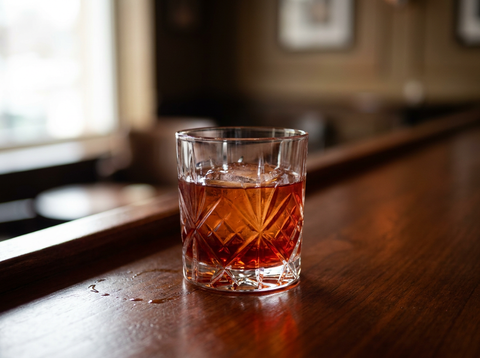 Godfather dans un verre old fashioned sur un gros glaçon, robe ambrée rougeoyante