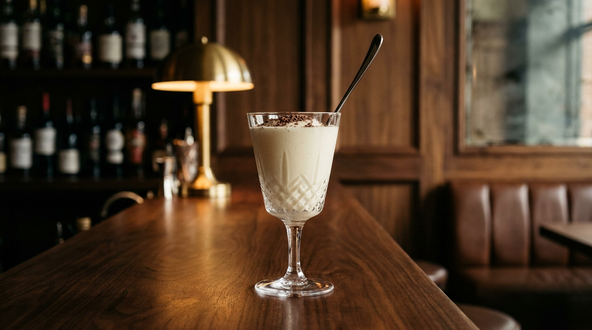 Dom Pedro ivoire épais dans un verre à pied large, copeaux de chocolat noir et longue cuillère, comptoir de noyer américain