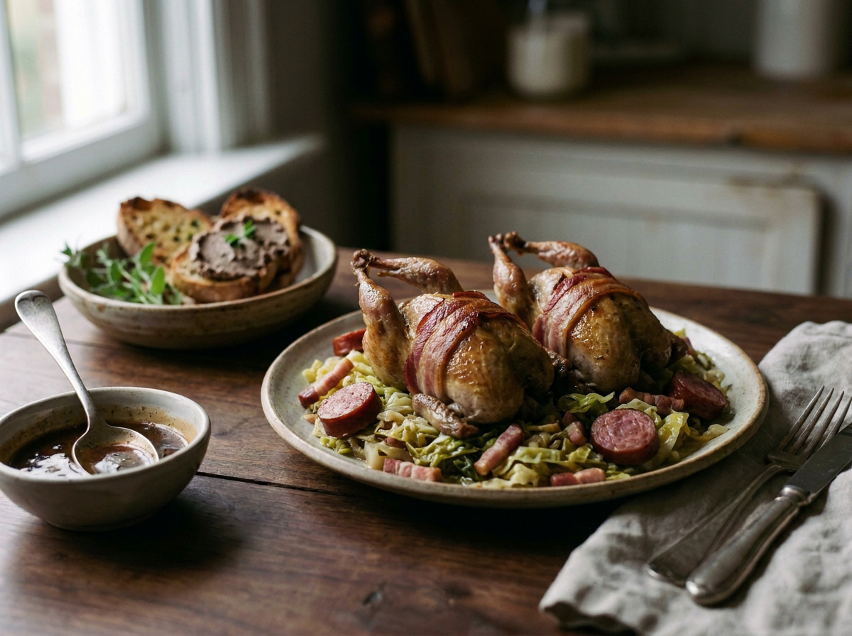 Perdreaux rôtis et bardés sur un lit de chou braisé aux lardons fumés et à la saucisse, croûtons au foie et jus en saucière