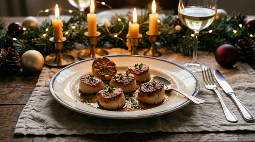 Noix de Saint-Jacques poêlées à la croûte dorée dans une assiette ancienne, sur une table de Noël avec bougies allumées, guirlande de sapin, boules dorées et rouges et un verre de vin blanc