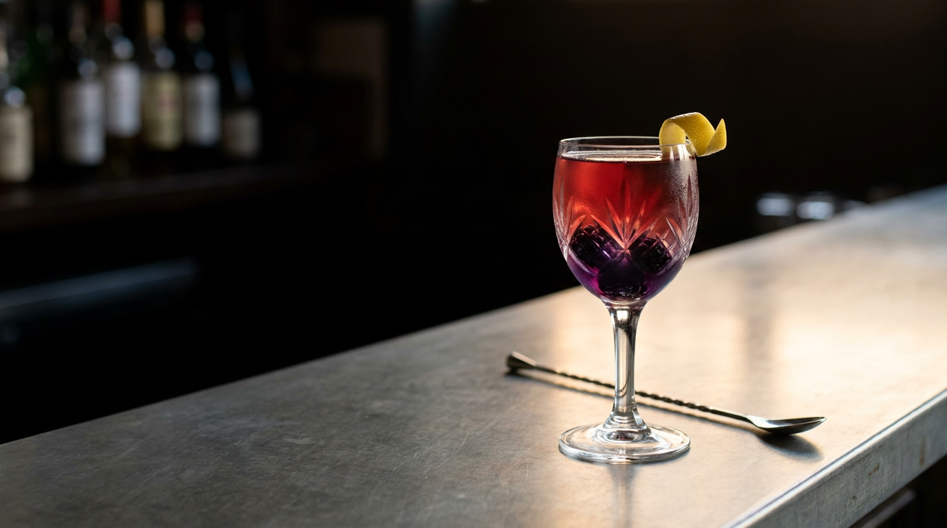 Kir d'automne à la crème de mûre en verre à vin à petit ballon, dégradé du violet au grenat, trois mûres au fond du verre, sur un comptoir de zinc patiné