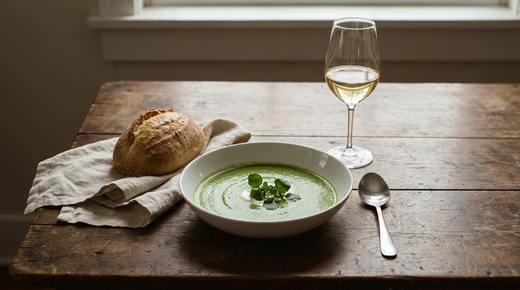Velouté de cresson vert vif, crème et feuilles de cresson, pain, verre de vin blanc