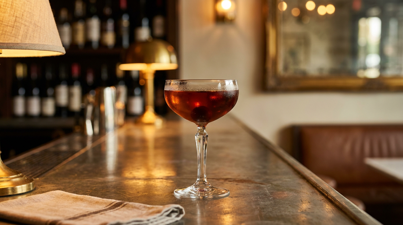 Manhattan sans alcool rouge brun dans une coupe, cerise noire au fond du verre, comptoir de bar en chêne