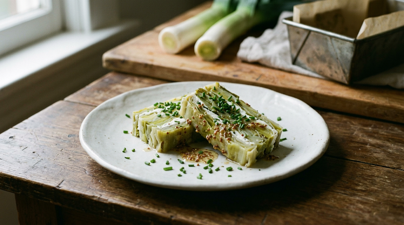 Terrine de poireaux pressés tranchée sur une assiette blanche : couches serrées de blancs et verts de poireau, vinaigrette à la moutarde à l'ancienne et ciboulette, poireaux crus et moule à cake