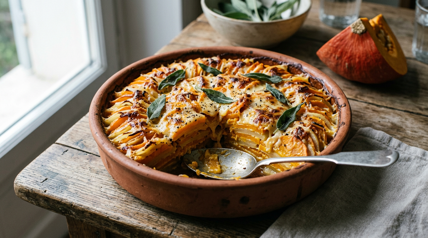 Gratin de potimarron dans un plat rond en terre cuite : tranches de potimarron et de pommes de terre debout en écailles, crème et comté gratinés, feuilles de sauge, quart de potimarron cru