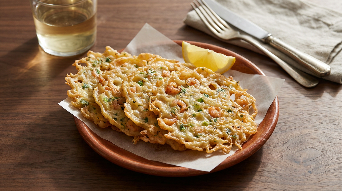 Quatre galettes de crevettes fines et dentelées empilées en biais sur une assiette en terre cuite garnie d'un papier, bords irréguliers et ajourés, petites crevettes roses et éclats de cébette pris dans la pâte dorée, quartier de citron