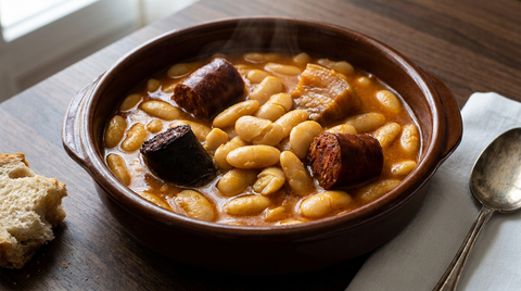 Fabada asturiana en cazuela, gros haricots blancs entiers dans un bouillon rouille avec chorizo, morcilla et lard