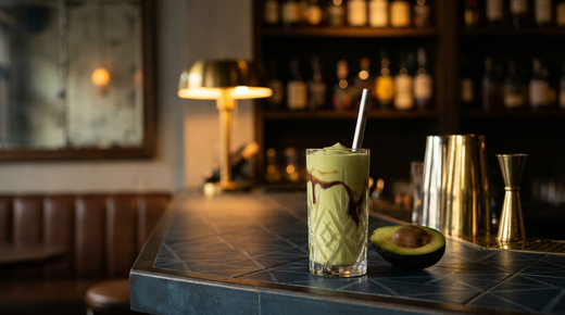 Sinh tố bơ vert pâle épais dans un verre haut avec un filet de lait concentré sur la paroi, demi-avocat, comptoir de carreaux de ciment bleu nuit