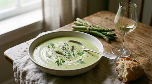 Velouté d'asperges vert pâle et lisse dans un bol en grès, tourbillon de crème, pointes d'asperges et cerfeuil, cuillère à plat, botte d'asperges vertes, pain rompu, verre de vin blanc pâle, table en bois et serviette en lin