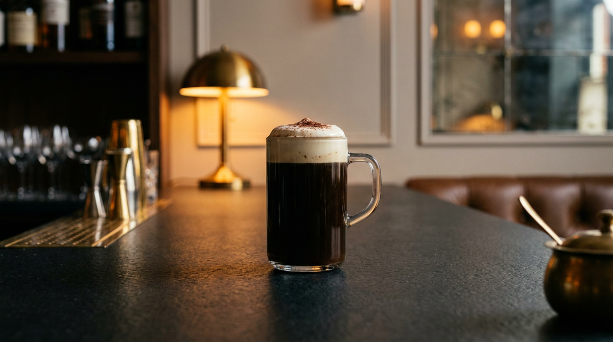 Pharisäer dans une chope en verre, café noir scellé par un dôme de crème fouettée saupoudré de cacao, comptoir de basalte noir