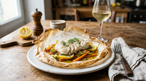 Papillote de cabillaud ouverte sur une assiette blanche, poisson nacré sur un lit de julienne de carotte et poireau avec citron et aneth