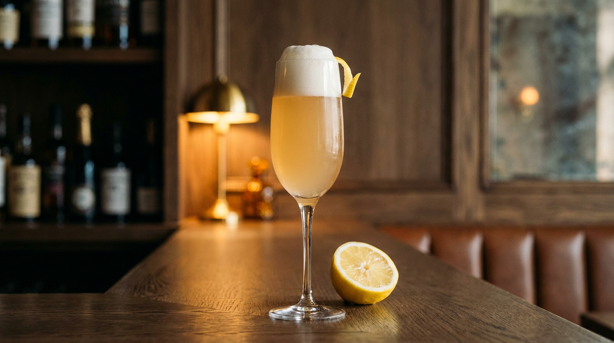 Armagnac fizz en verre haut, col de mousse blanche, sans glace, sur un comptoir de chêne fumé