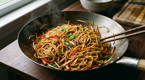 Nouilles chinoises sautées dans un wok en acier, nouilles dorées mêlées de carottes en julienne, poivron rouge, pousses de soja et oignons verts, sauce brune brillante, baguettes, table de bois sombre, lumière chaude