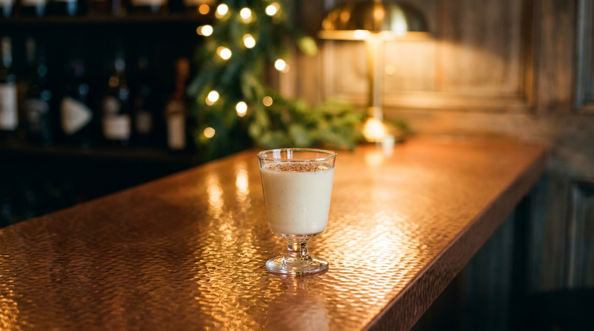 Baltimore eggnog crémeux ivoire dans un verre à pied, muscade râpée sur le dessus, comptoir de cuivre martelé et guirlande floue de Noël en fond