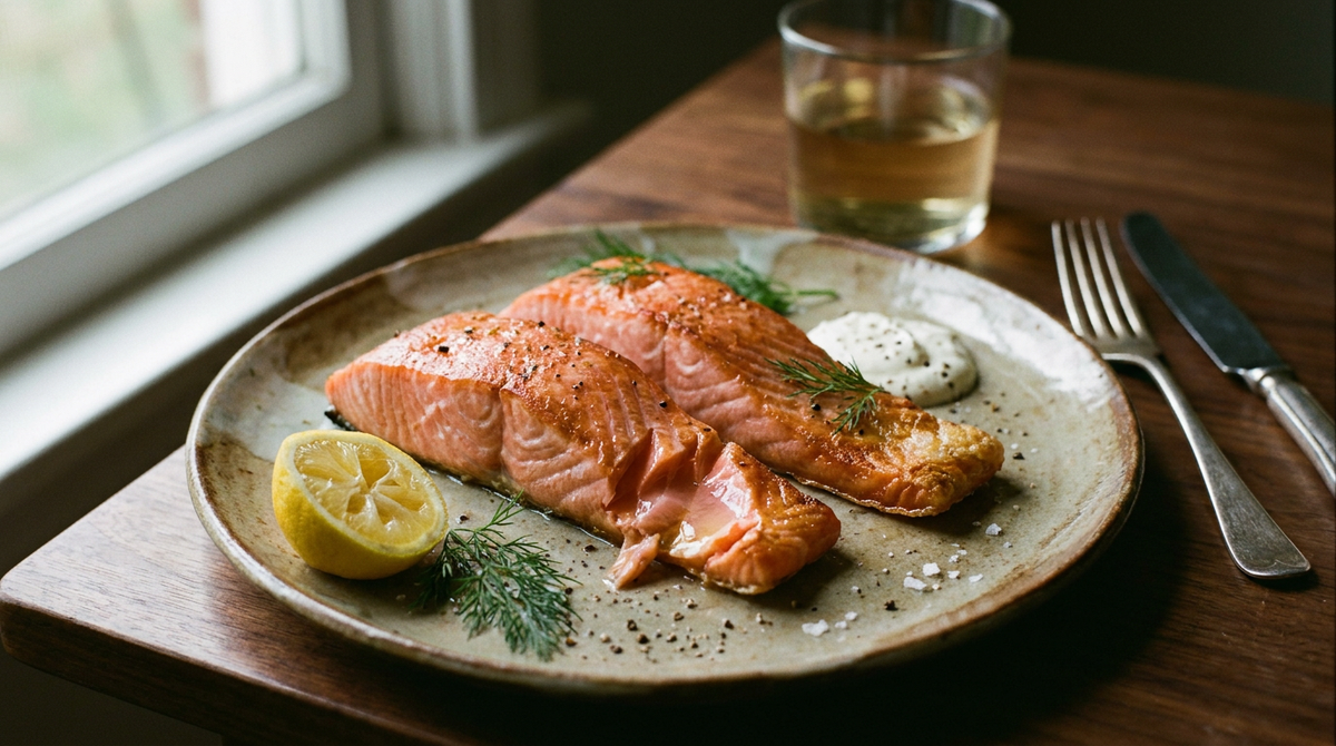 Pavés de saumon cuits à l'air fryer, chair rose et nacrée, citron et aneth