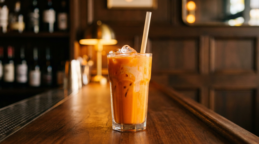 Thai iced tea orange vif avec sa couche de lait concentré en surface, glaçons et paille, comptoir de teck