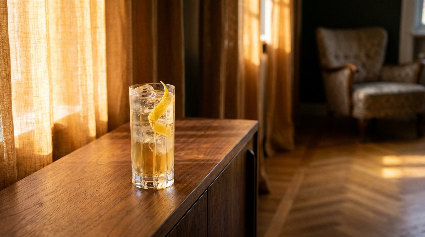 Cocktail à faible degré d'alcool dans un verre haut de cristal, glace claire et zeste de citron, sur une console de noyer dans un salon doré par la fin d'après-midi