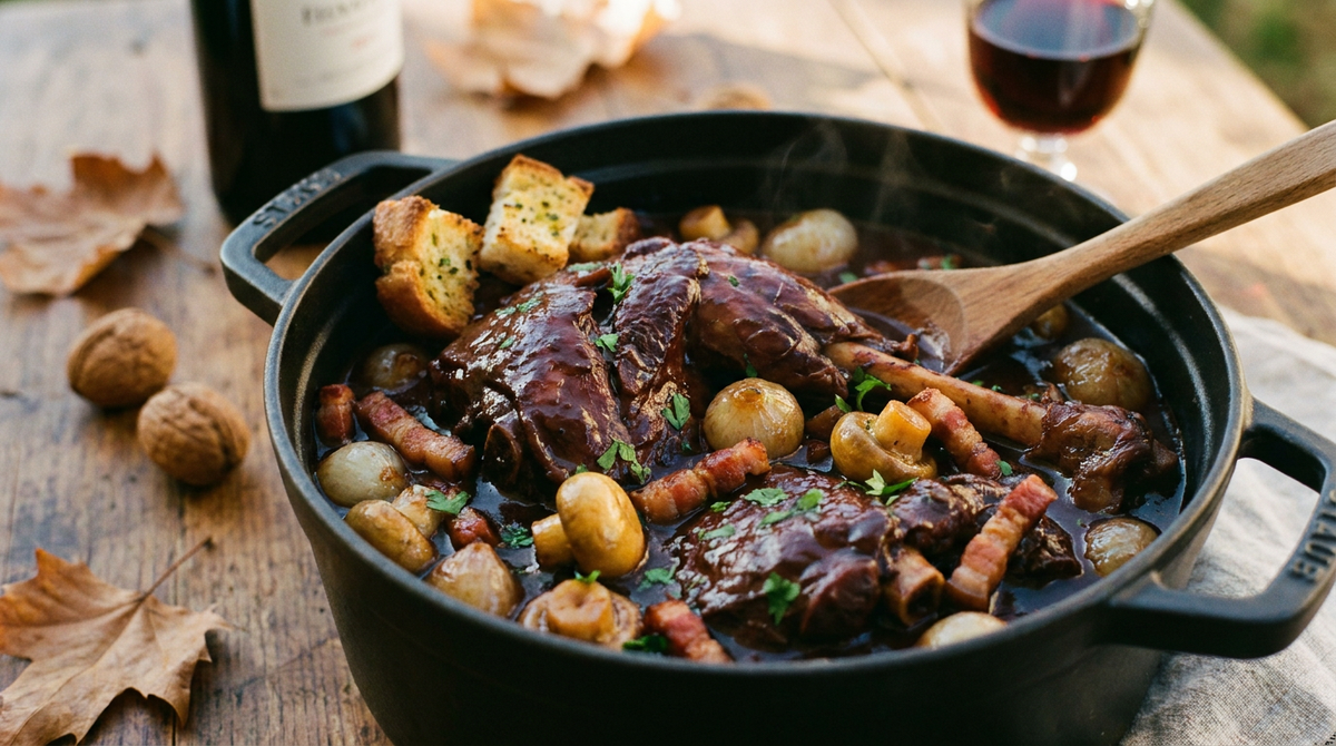 Civet de lièvre en cocotte, morceaux acajou dans une sauce au vin rouge très sombre, lardons, petits oignons et croûtons