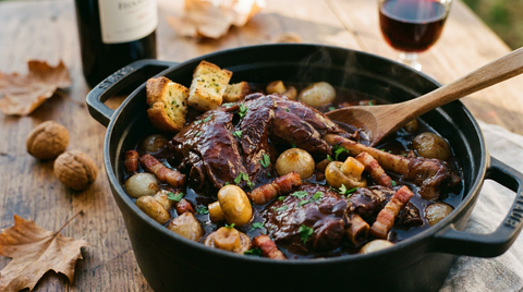 Civet de lièvre en cocotte, morceaux acajou dans une sauce au vin rouge très sombre, lardons, petits oignons et croûtons