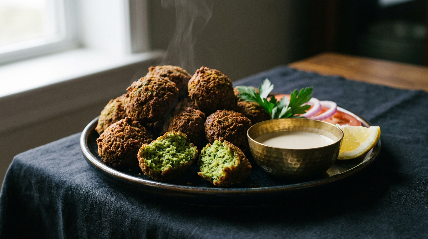 Falafels à la croûte brune et craquelée, deux ouverts montrant un intérieur vert vif aux herbes, sauce tahini dans un bol de laiton