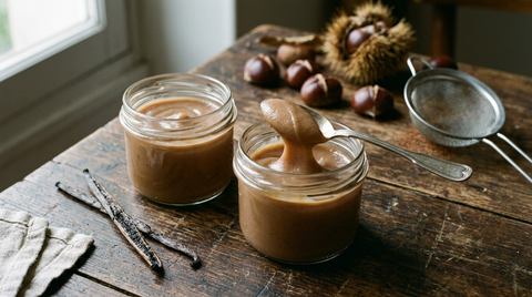 Crème de marrons brun clair et nappante dans deux pots en verre, cuillère laissant un ruban épais, gousse de vanille fendue, châtaignes fraîches et tamis fin