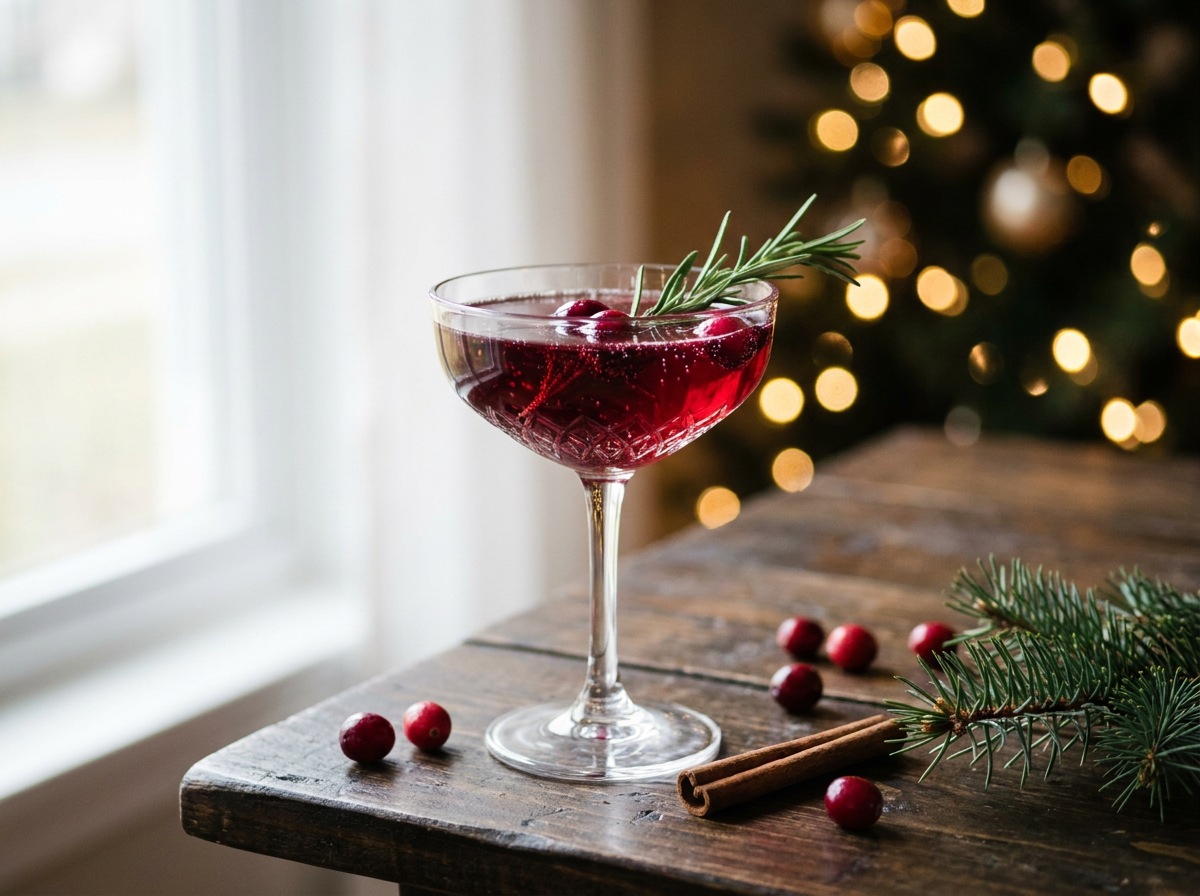 Coupe de cocktail de Noël cranberry-romarin rouge rubis pétillant, cranberries fraîches et brin de romarin