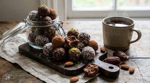 Energy balls maison aux dattes, amandes, flocons d'avoine et cacao, roulées dans la coco, le cacao et les pistaches, sur une planche en bois et en bocal, une boule ouverte montrant l'intérieur fondant, dattes et amandes, tasse de thé noir